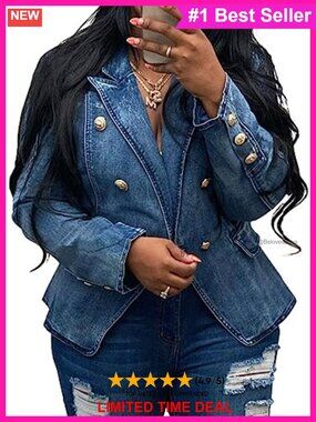 Denim Blazer Women's Business Casual Double Breasted Jean Jacket Long Sleeve